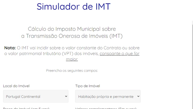 Simulador de Imposto IMT  - Cálculo do Imposto Municipal sobre a Transmissão Onerosa de Imóveis 