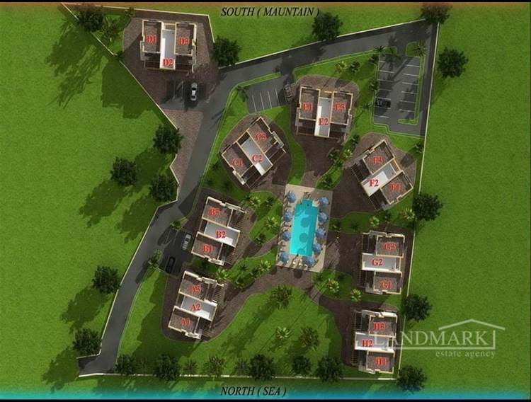 Lägenhet med 1 sovrum + gemensam pool + köksenheter + anlagda trädgårdar