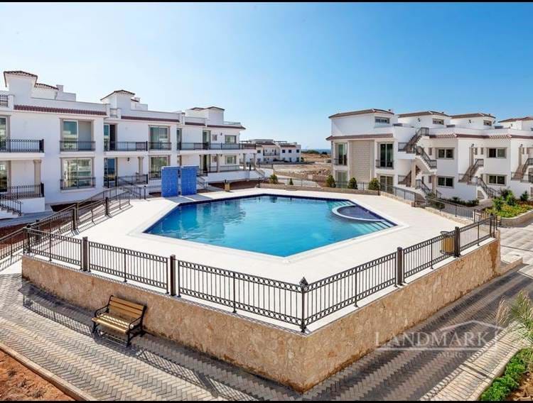 2-bedroom ground floor apartments and penthouses + kitchen units + communal pools + gym + SPA + restaurant + bar + supermarket + pharmacy + walking distance to the beach