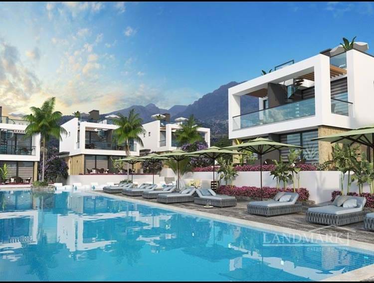 2+1 yatak odalı lüks ikiz villa + çatı terası + site içinde + ortak havuz + deniz ve dağ manzarası 