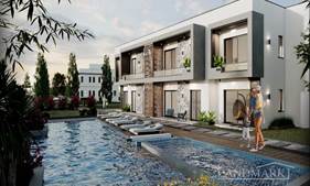 1 yatak odalı bahçe daire ve çatı katları + ortak yüzme havuzu + merkezi ısıtma ve inverter klima sistemi altyapısı + Ödeme planı