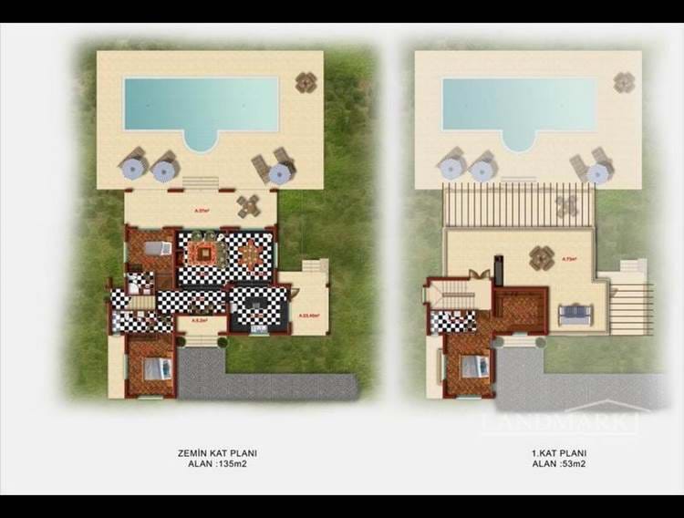 4 bedroom off plan stone villas + swimming pool + central heating + panoramic sea and mountain views + payment plan + Turkish title deeds  