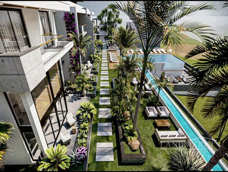 1 sovrum off plan trädgårdslägenheter + gemensam pool och spa + 60m från havet + betalningsplan