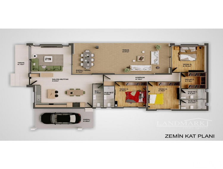 Новое бунгало с 3 спальнями + просторная терраса + дополнительный бассейн + спальни с ванными комнатами + гардеробная + турецкий документ о праве собственности